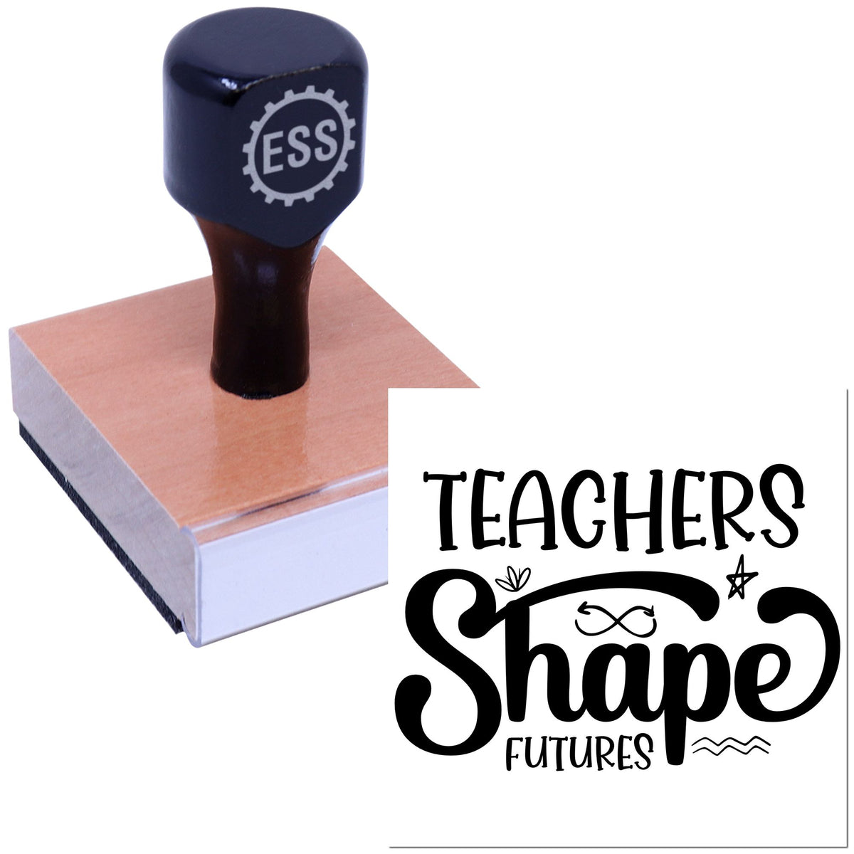 Black self-inking stamp on wooden block with white "ESS" gear logo and "Teachers Shape Futures" seal.