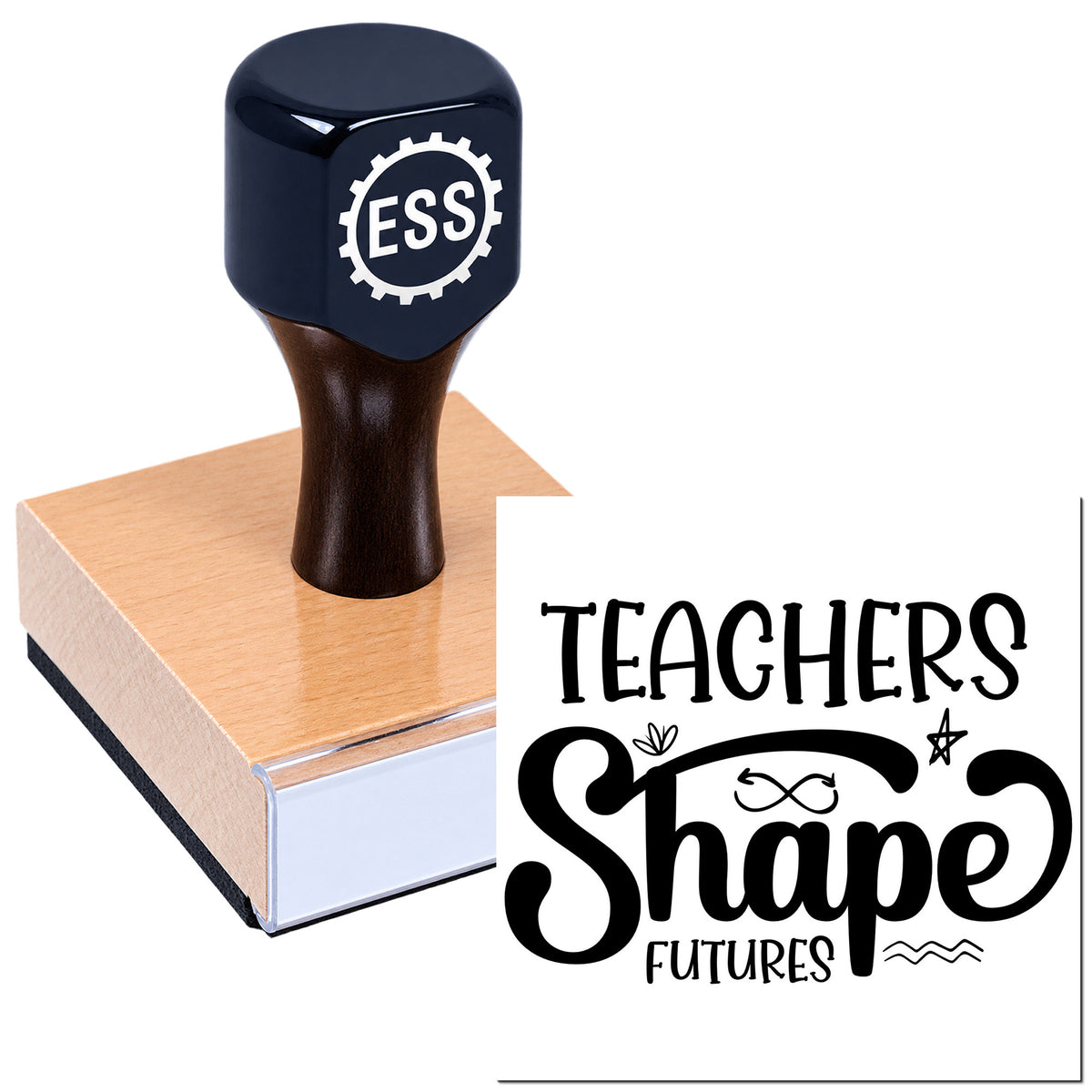 Black self-inking stamp on wooden block with white "ESS" gear logo and "Teachers Shape Futures" seal.