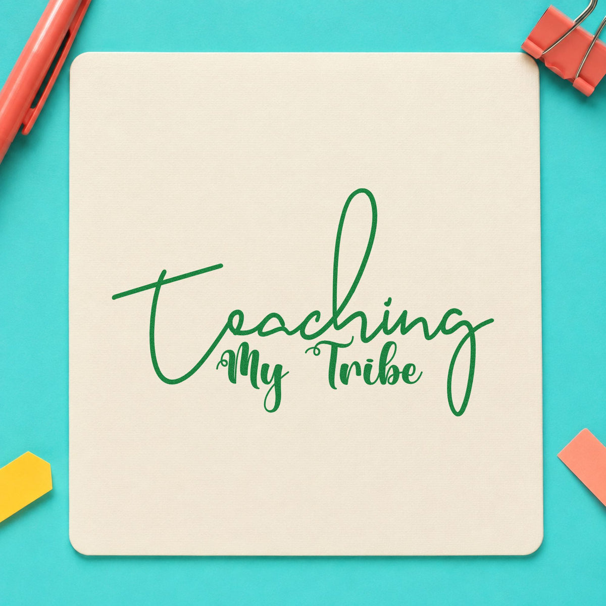 Teaching My Tribe Script craft stamp imprint in green ink on a handmade project, one idea being blank insert pages.