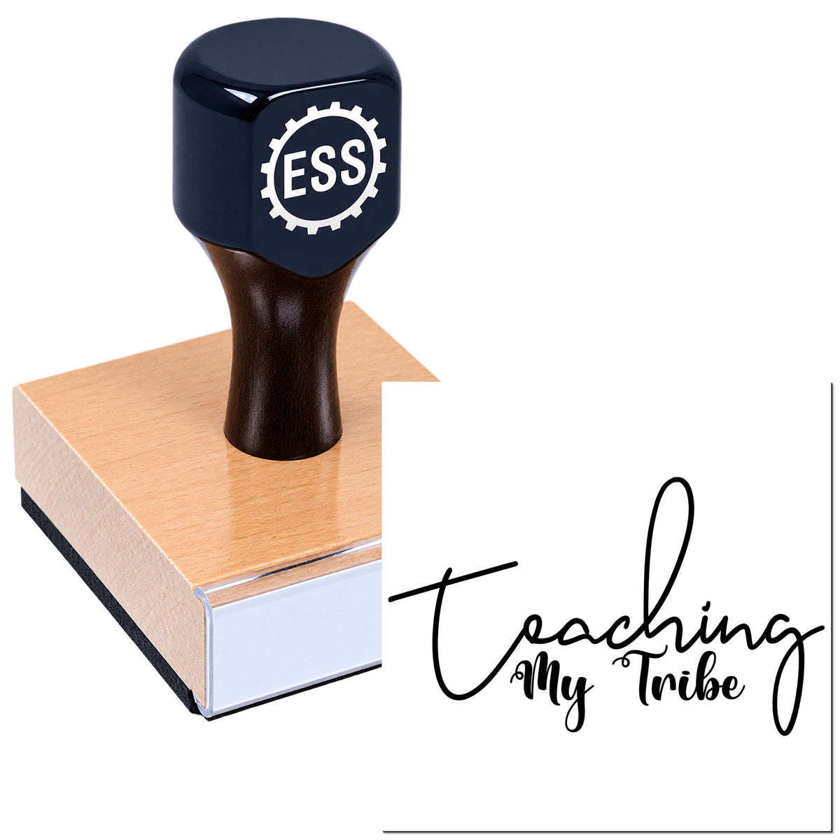 Dark blue ESS rubber stamp and seal with wooden base, black script reading "Teaching My Tribe"