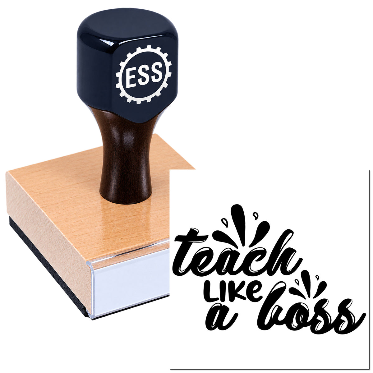 Black ESS rubber stamp on a wooden seal block, with bold black "Teach Like a Boss" script on white background.