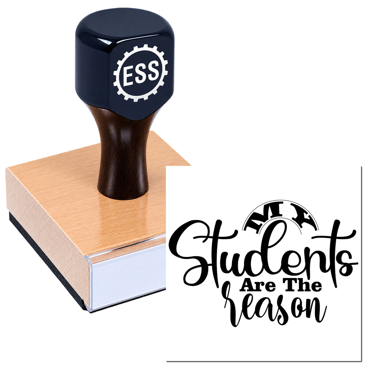 Dark navy ESS stamp and seal on a wooden block, with black logo text and "Students Are The Reason" graphic.