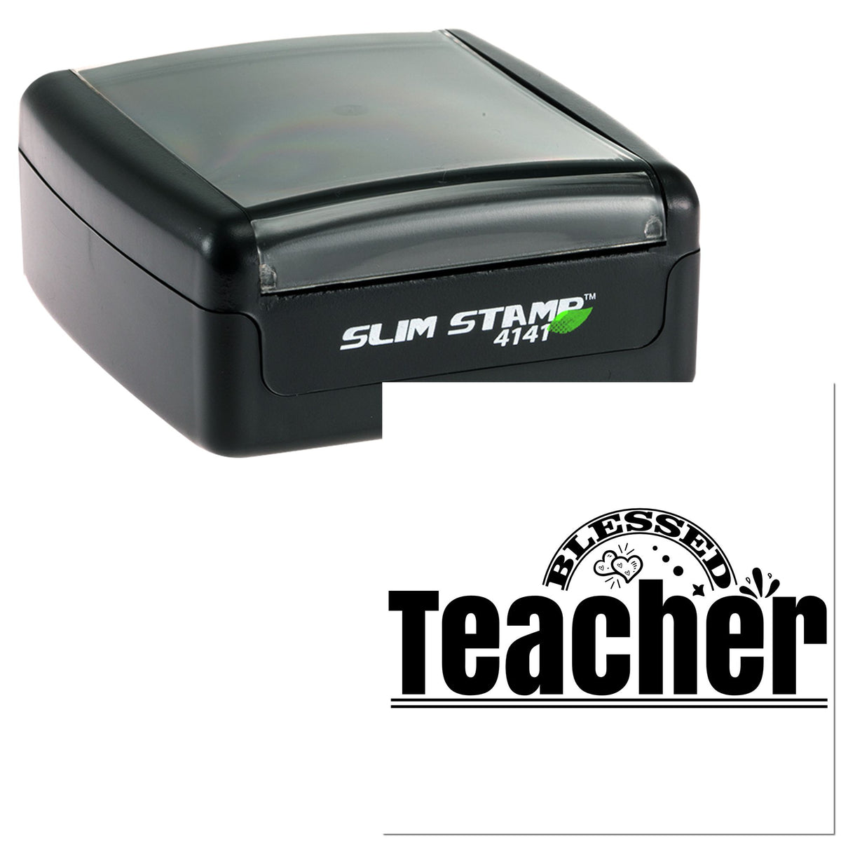 Black Slim Stamp 4141 self-inking stamp with gray cover and Teacher Blessed seal logo