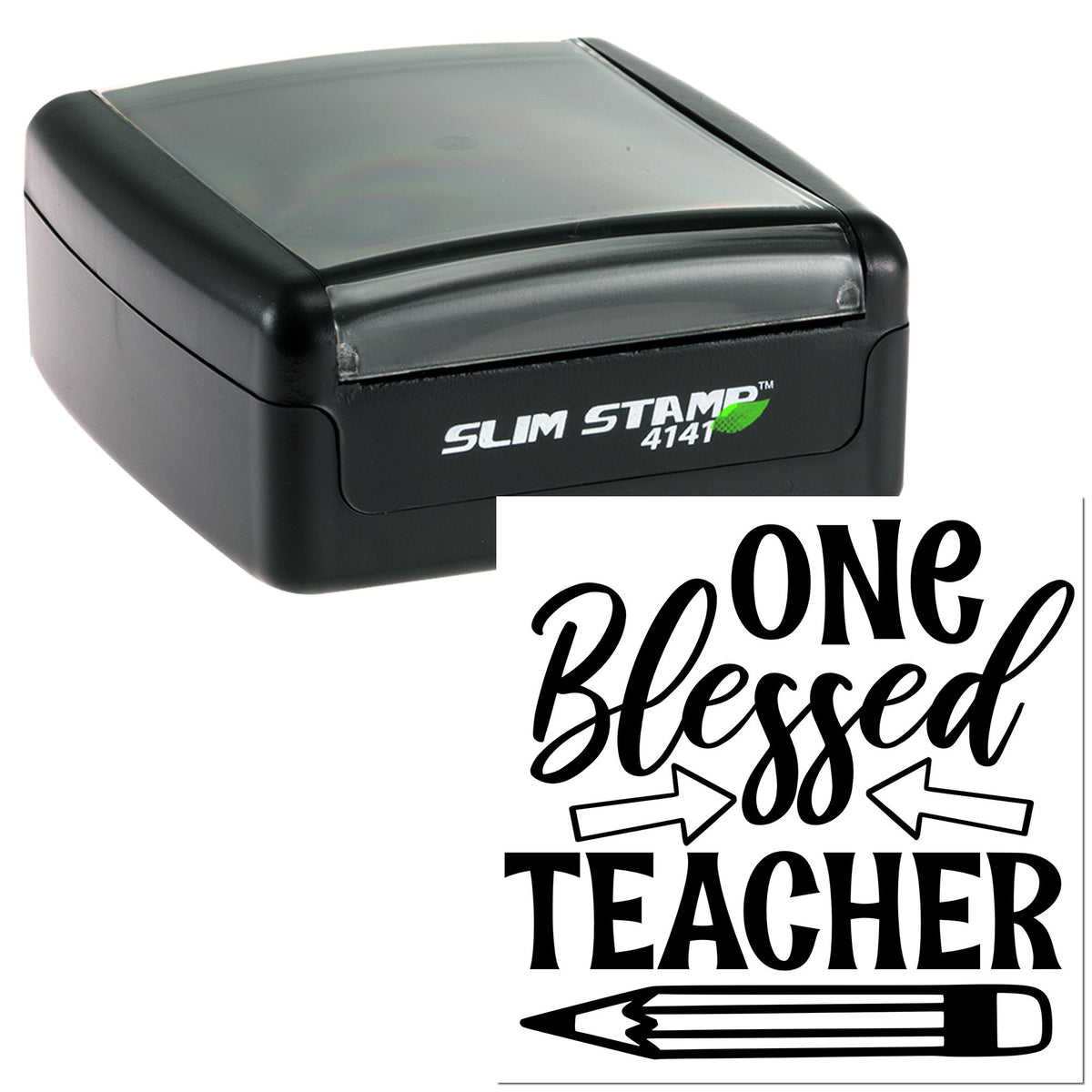 Black self-inking Slim Stamp 4141 with One Blessed Teacher seal design and pencil icon on a white background.