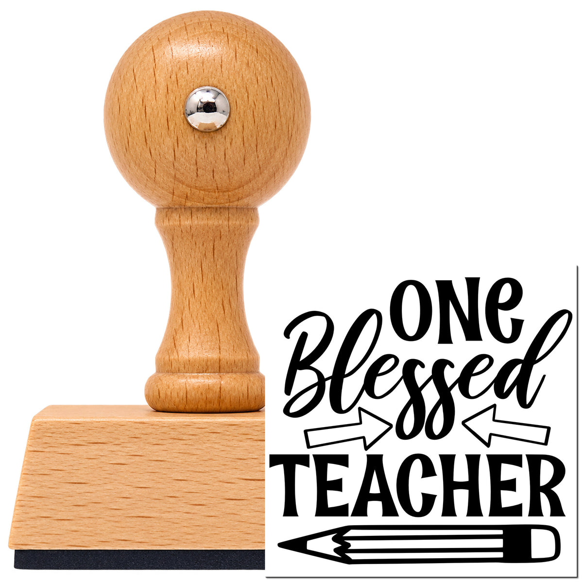 Vintage Pro beech wood stamp with a round knob handle, shown with its black One Blessed Teacher Pencil Arrow imprint on white.