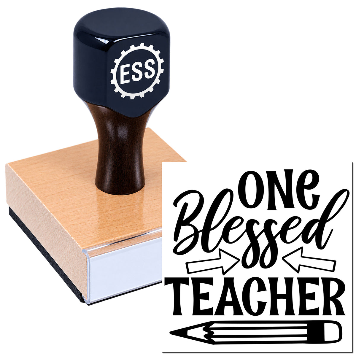Dark navy ESS stamp and seal with wooden block, showing "One Blessed Teacher" design and pencil graphic.
