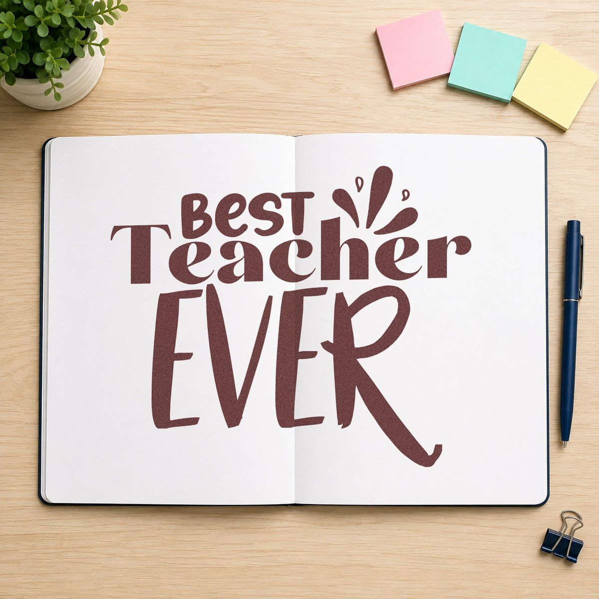 Best Teacher Ever Splash rubber stamp printed in brown ink, ready for spray can labels and similar paper crafts.