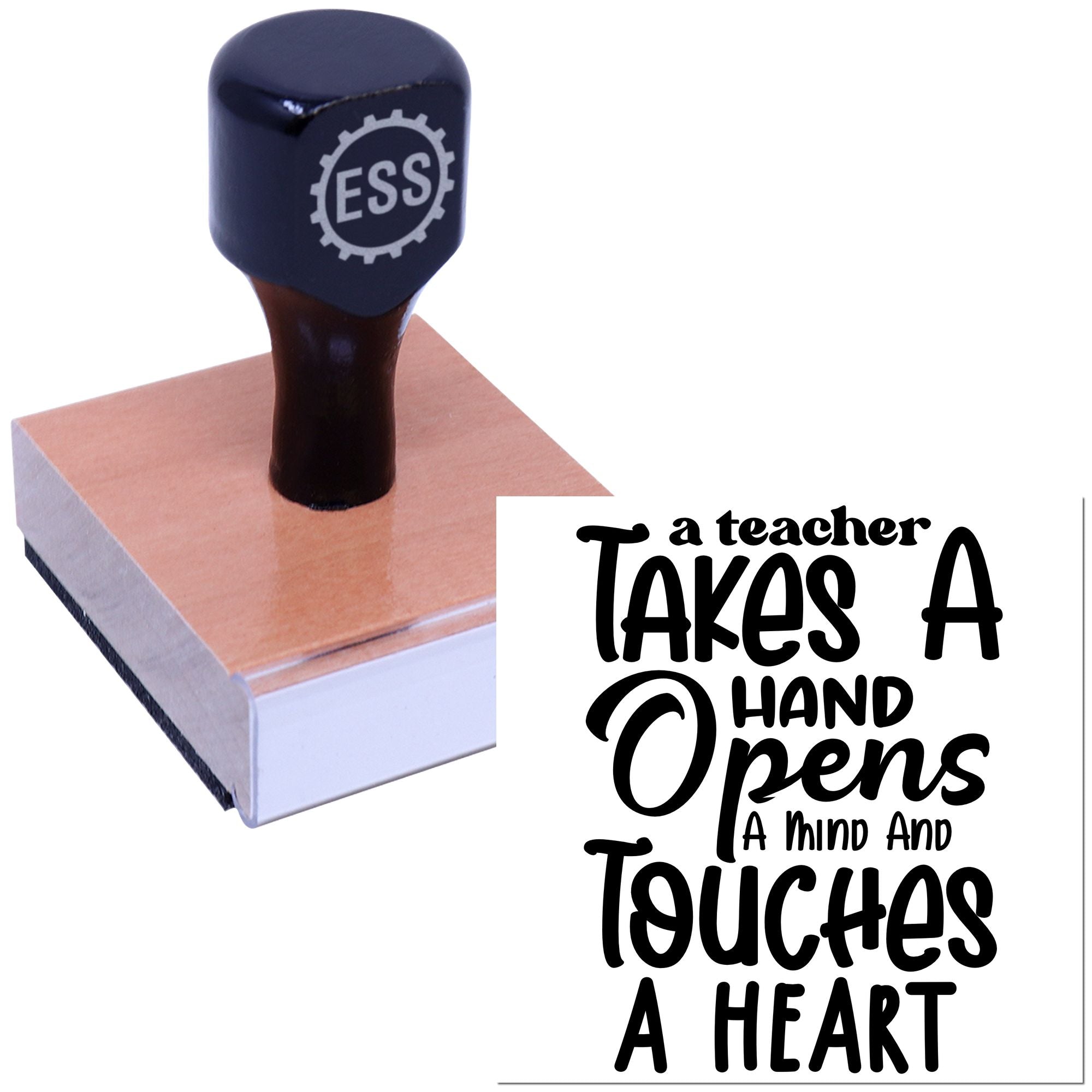 Black ESS seal stamp with pink base and teacher quote in bold black lettering: A teacher takes a hand...