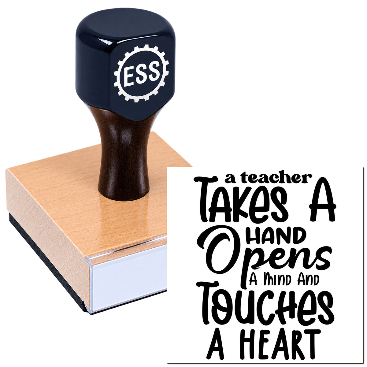 Black ESS seal stamp with pink base and teacher quote in bold black lettering: "A teacher takes a hand..."
