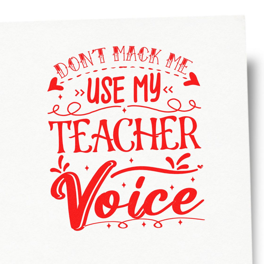 Red teacher voice stamp and seal design in bright red with hearts, swirls, and bold lettering on a white background.