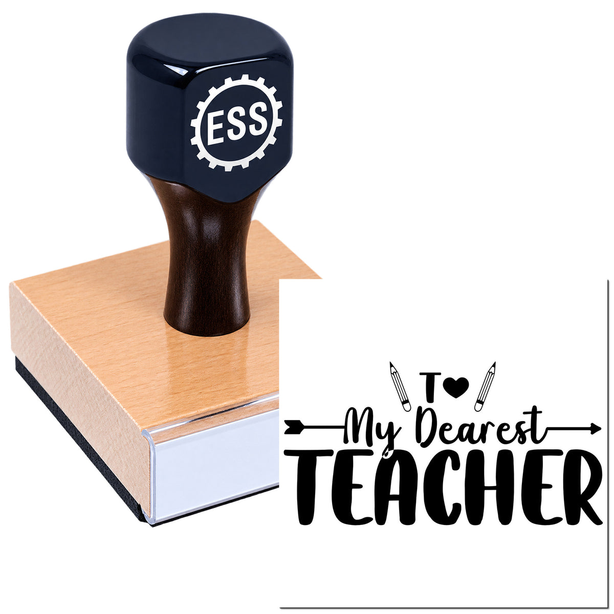 Black ESS self-inking stamp on pink block with "To My Dearest Teacher" seal design and pencil icons.