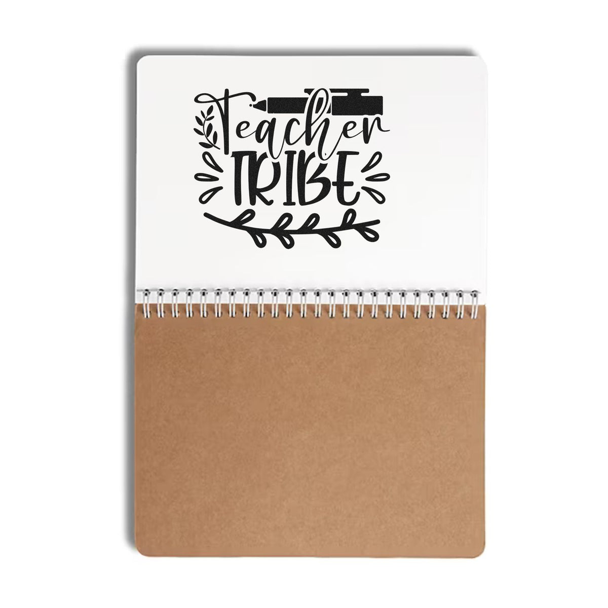 Black Teacher Tribe stamp and seal design on a white-and-kraft spiral notebook with leaf and pencil accents.