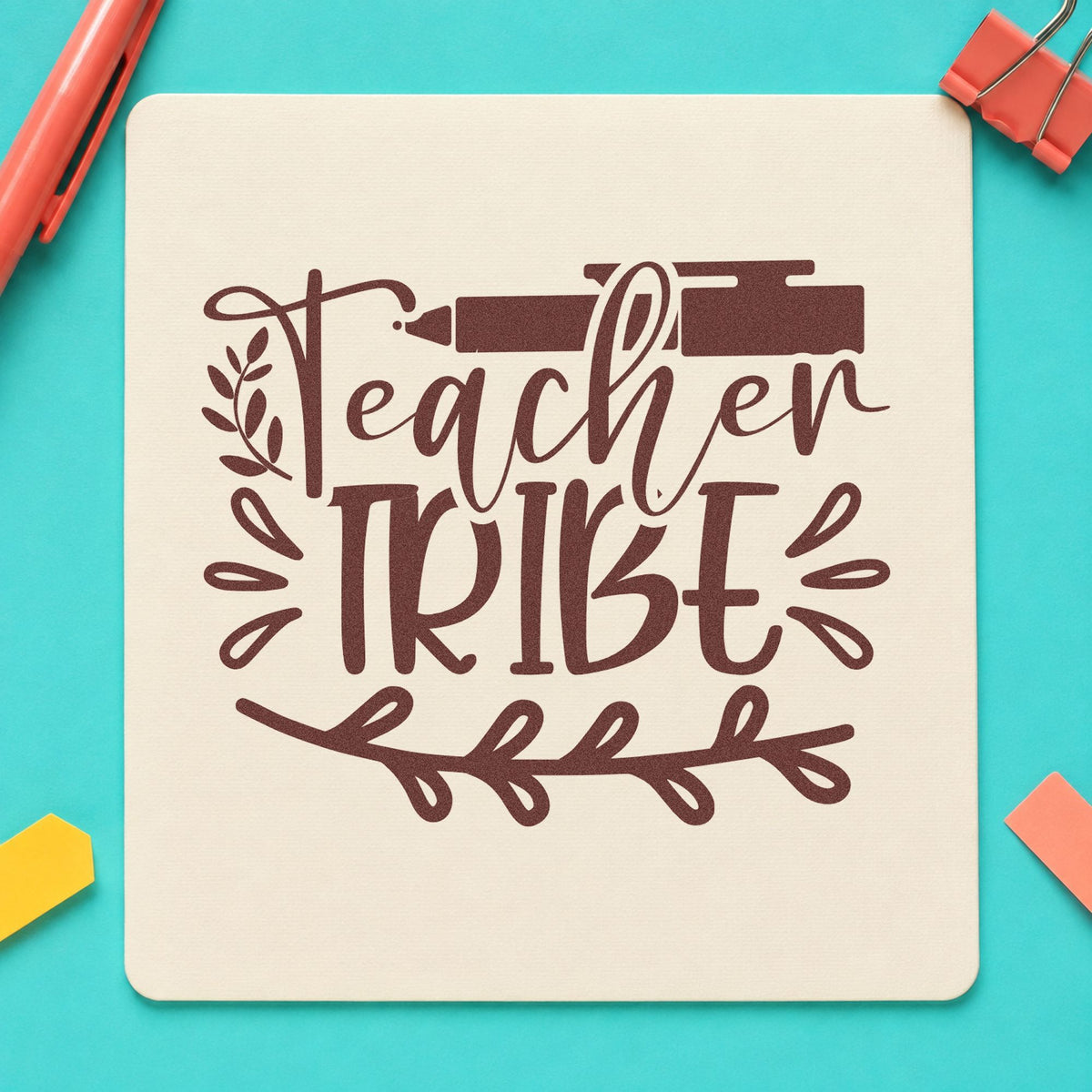 Teacher Tribe Pen And Leaves rubber stamp printed in brown ink, ready for compost bin labels and similar paper crafts.