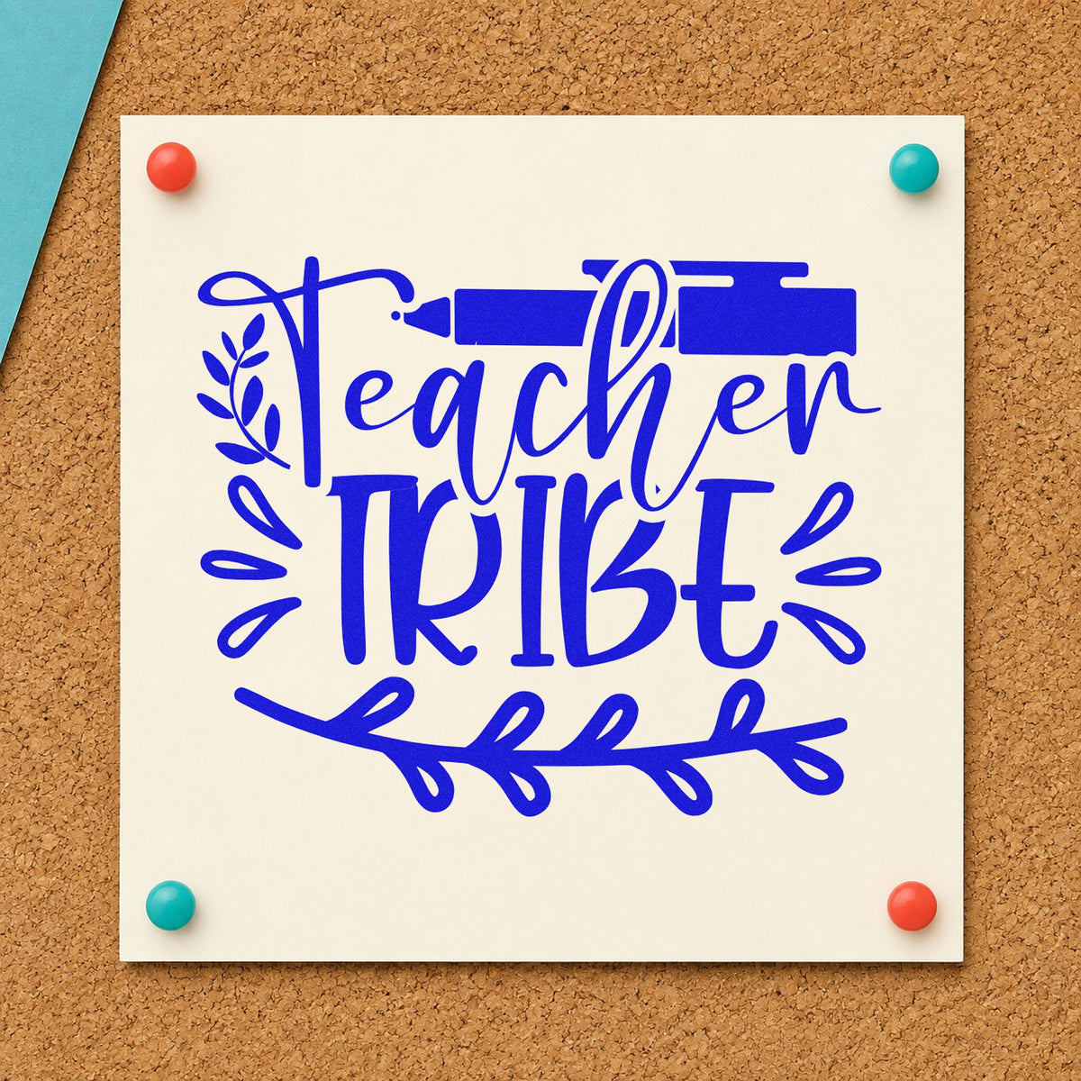 Teacher Tribe Pen And Leaves craft stamp imprinted in blue ink on paper, a design suited to seed swap seals.