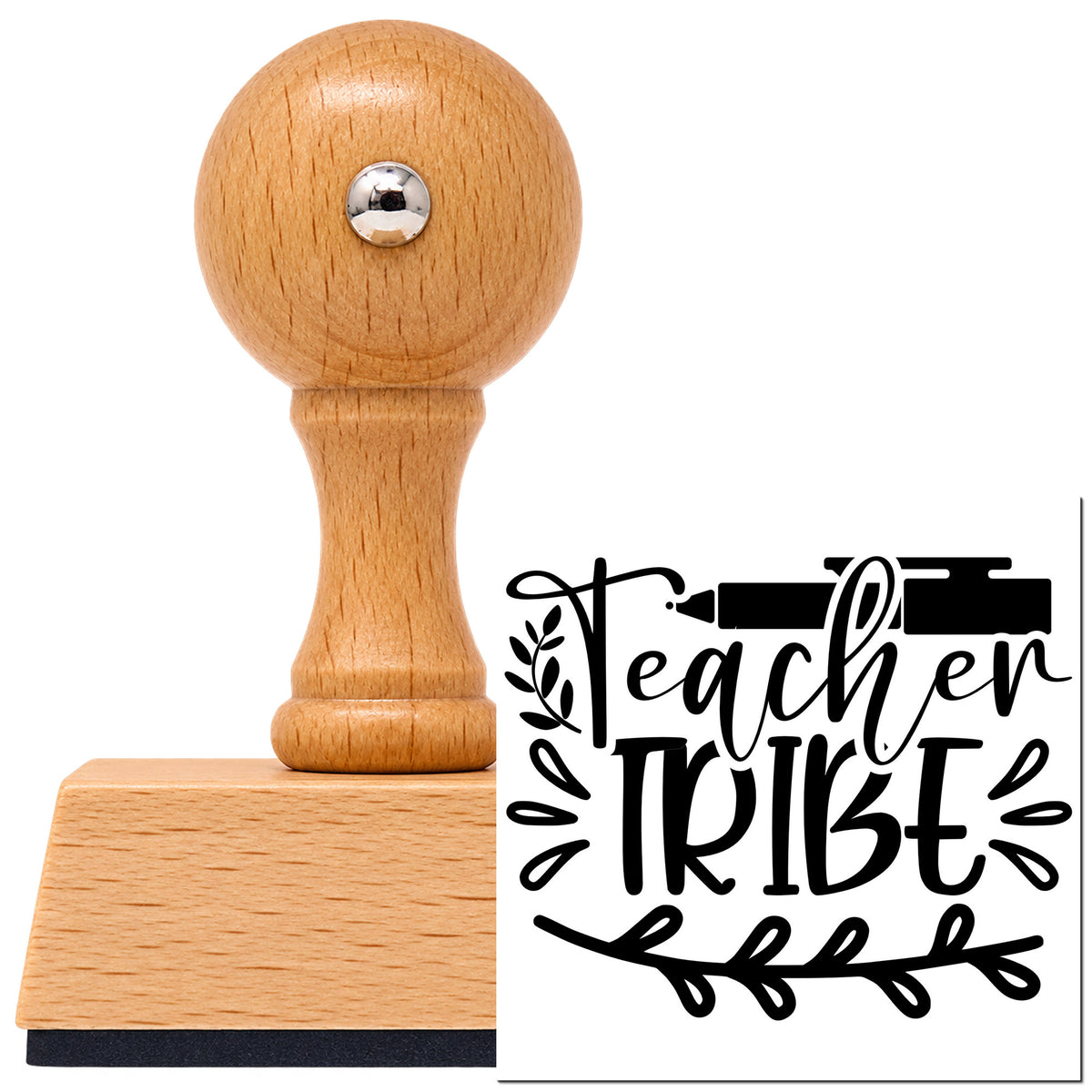 Vintage Pro beech wood stamp with a round knob handle, shown with its black Teacher Tribe Pen And Leaves imprint on white.