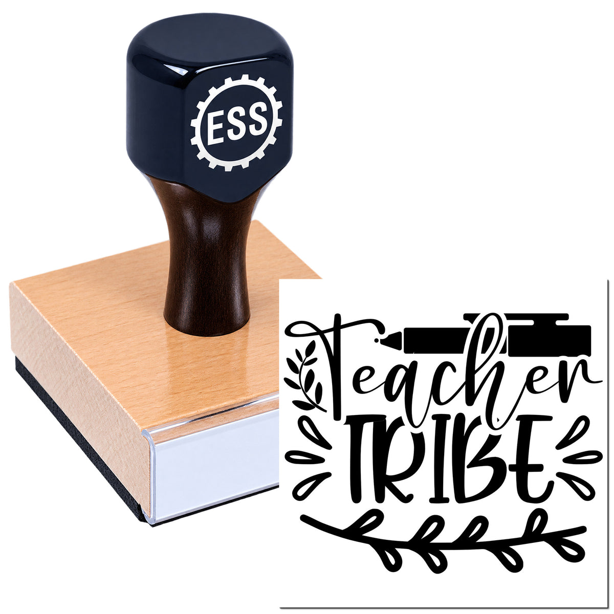 Dark blue rubber stamp on wooden base beside black custom Teacher Tribe seal with pen and leaf accents