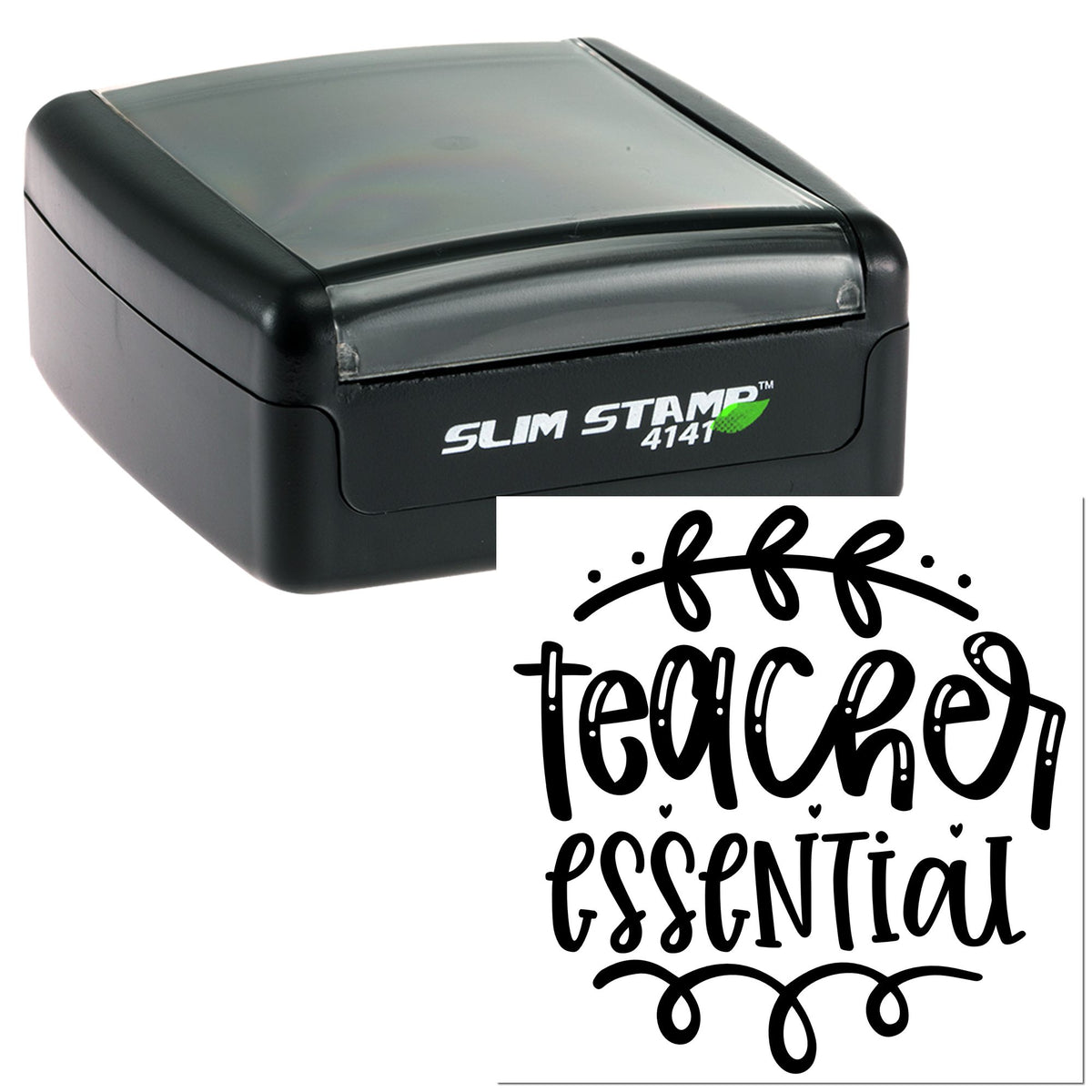 Black self-inking Slim Stamp 4141 with decorative teacher essential seal design on a white background.