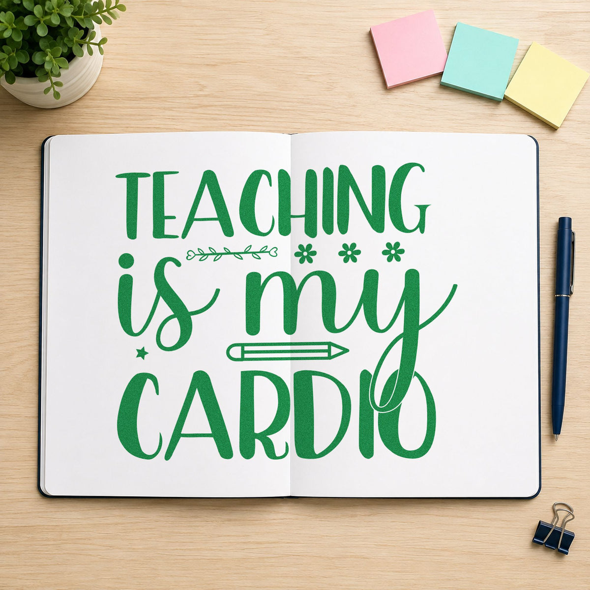 Teaching Is My Cardio Pencil craft stamp imprint in green ink on a handmade project, one idea being lap count pages.