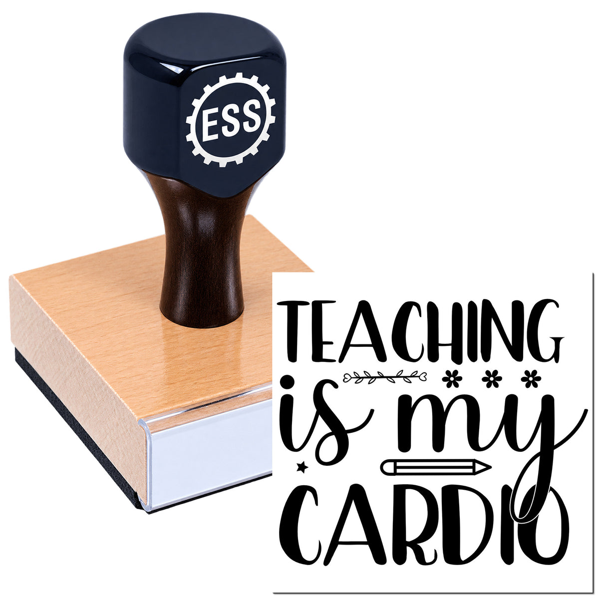 Navy rubber stamp on a wooden seal block, showing bold black "Teaching is my cardio" design.