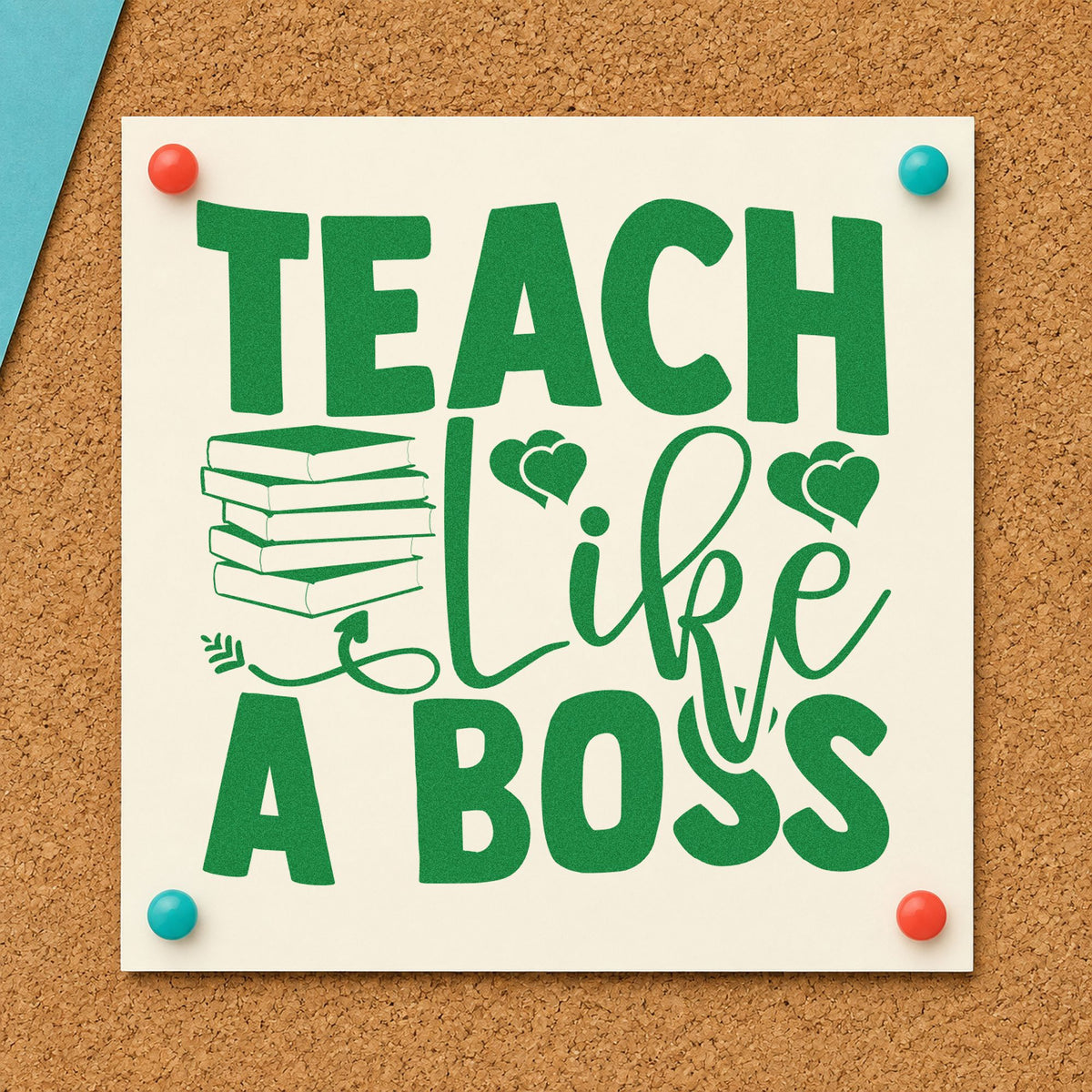 Teach Like A Boss Books craft stamp imprint in green ink on a handmade project, one idea being loan record pages.