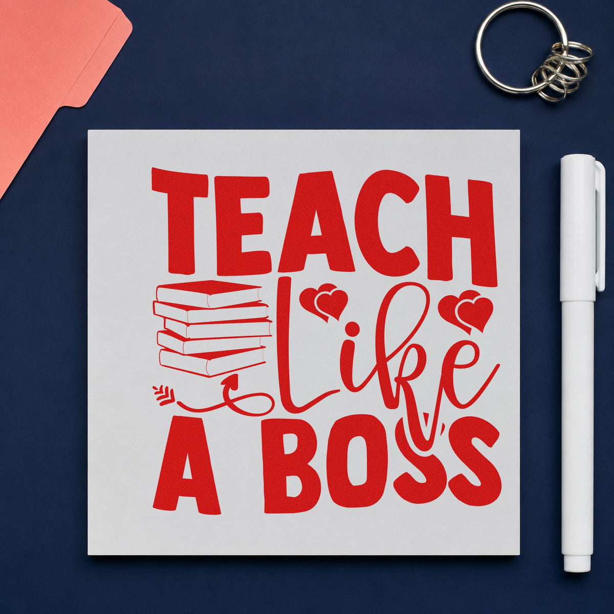 Teach Like A Boss Books rubber stamp shown in red ink, stamped for projects such as book week notes.