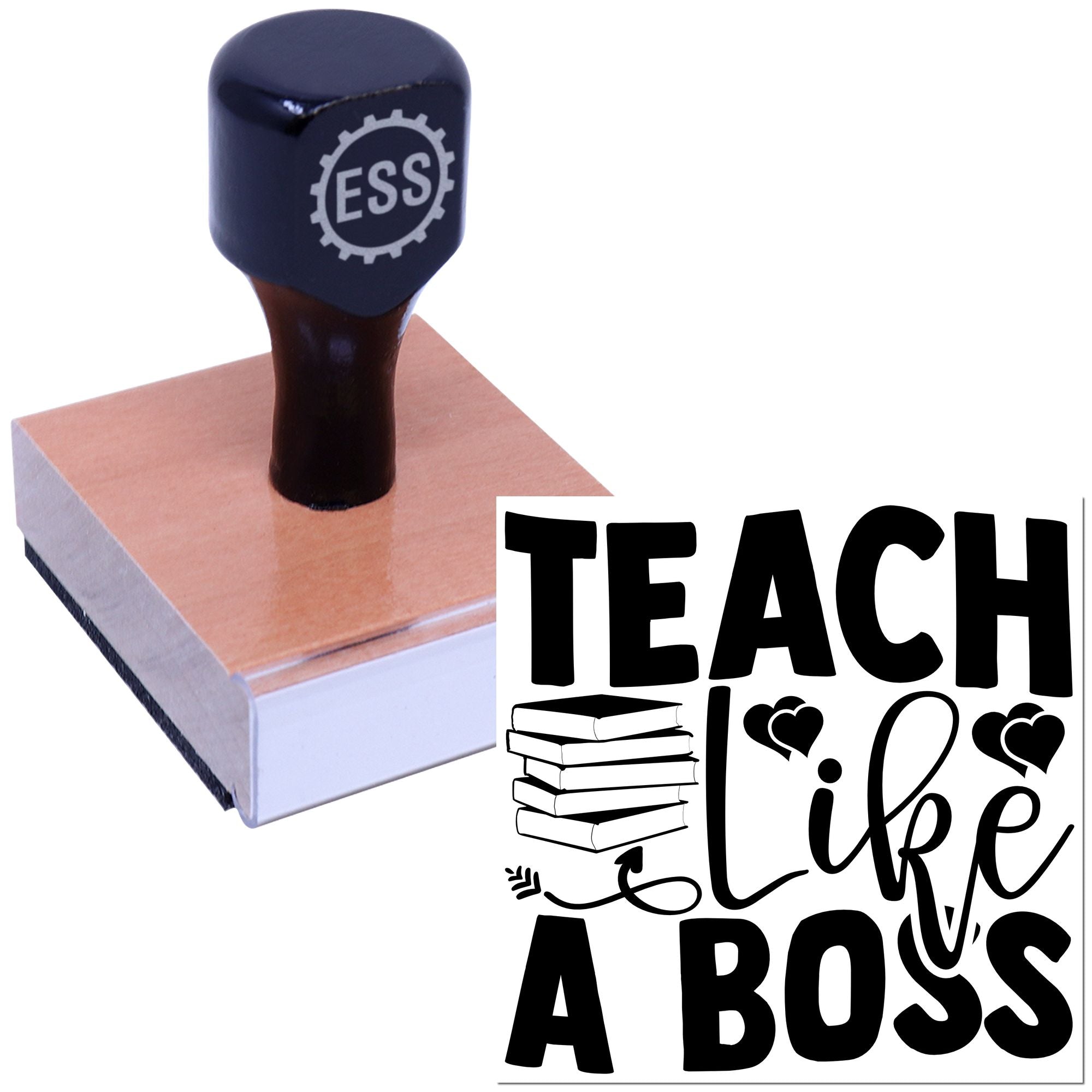 Navy ESS self-inking seal stamp on a book beside black Teach like a Boss design with books and hearts.