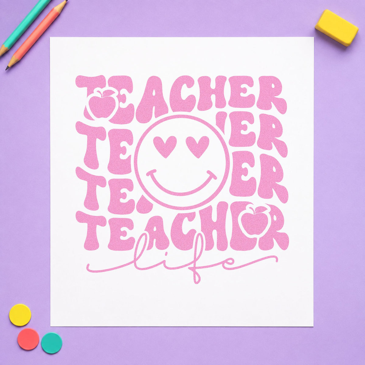 Teacher Life Smiley Repeat craft stamp in purple ink on cardstock, an easy option for emoji chart tags.