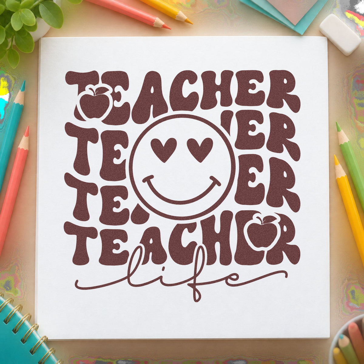 Teacher Life Smiley Repeat rubber stamp printed in brown ink, ready for sticker pot labels and similar paper crafts.