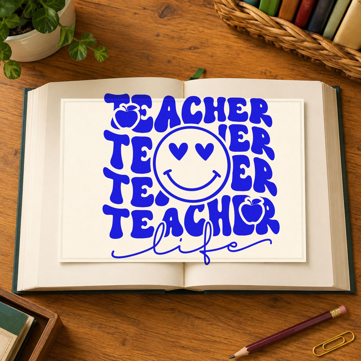 Teacher Life Smiley Repeat craft stamp in blue ink on cardstock, an easy option for cushion ring panels.