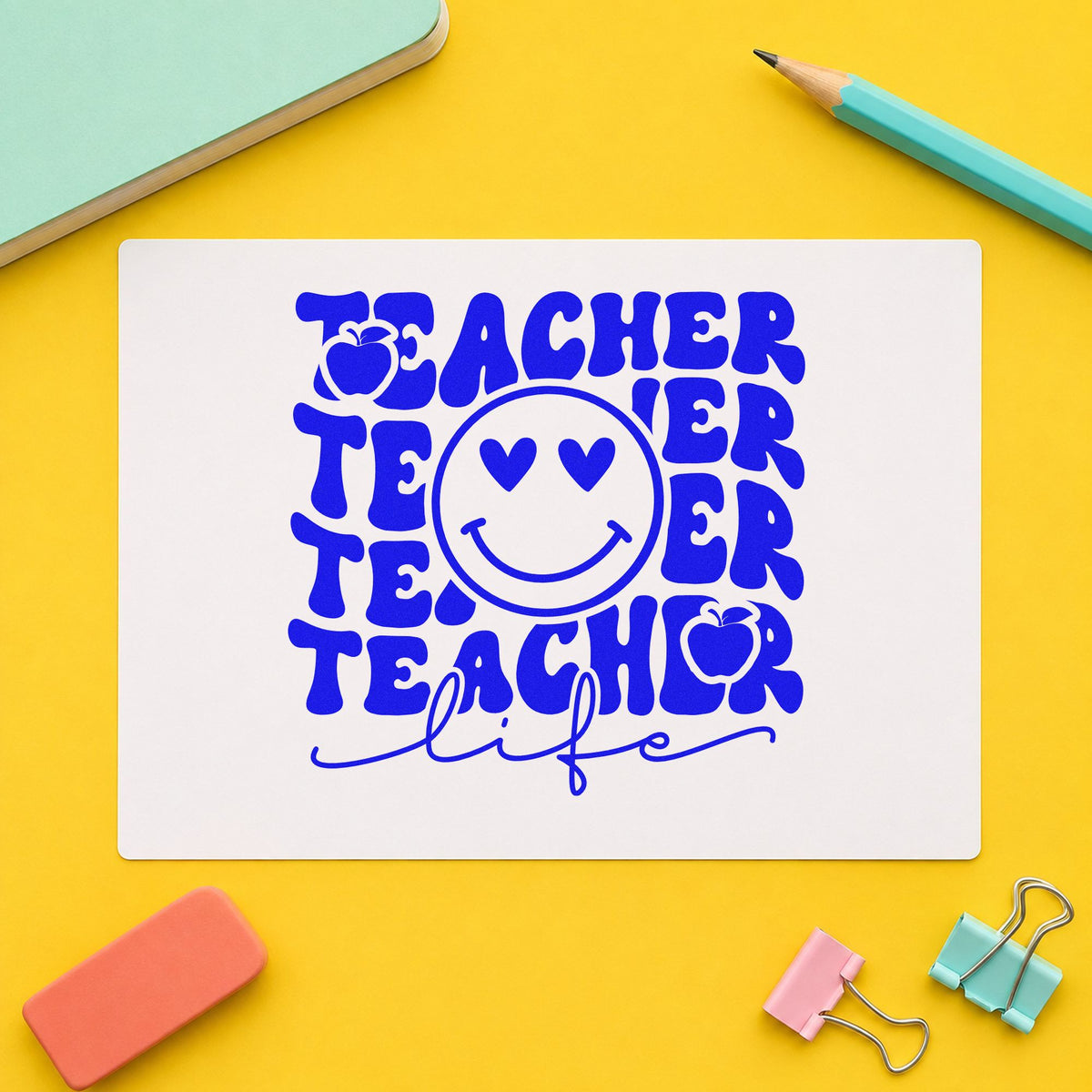 Teacher Life Smiley Repeat craft stamp imprinted in blue ink on paper, a design suited to reward bag seals.