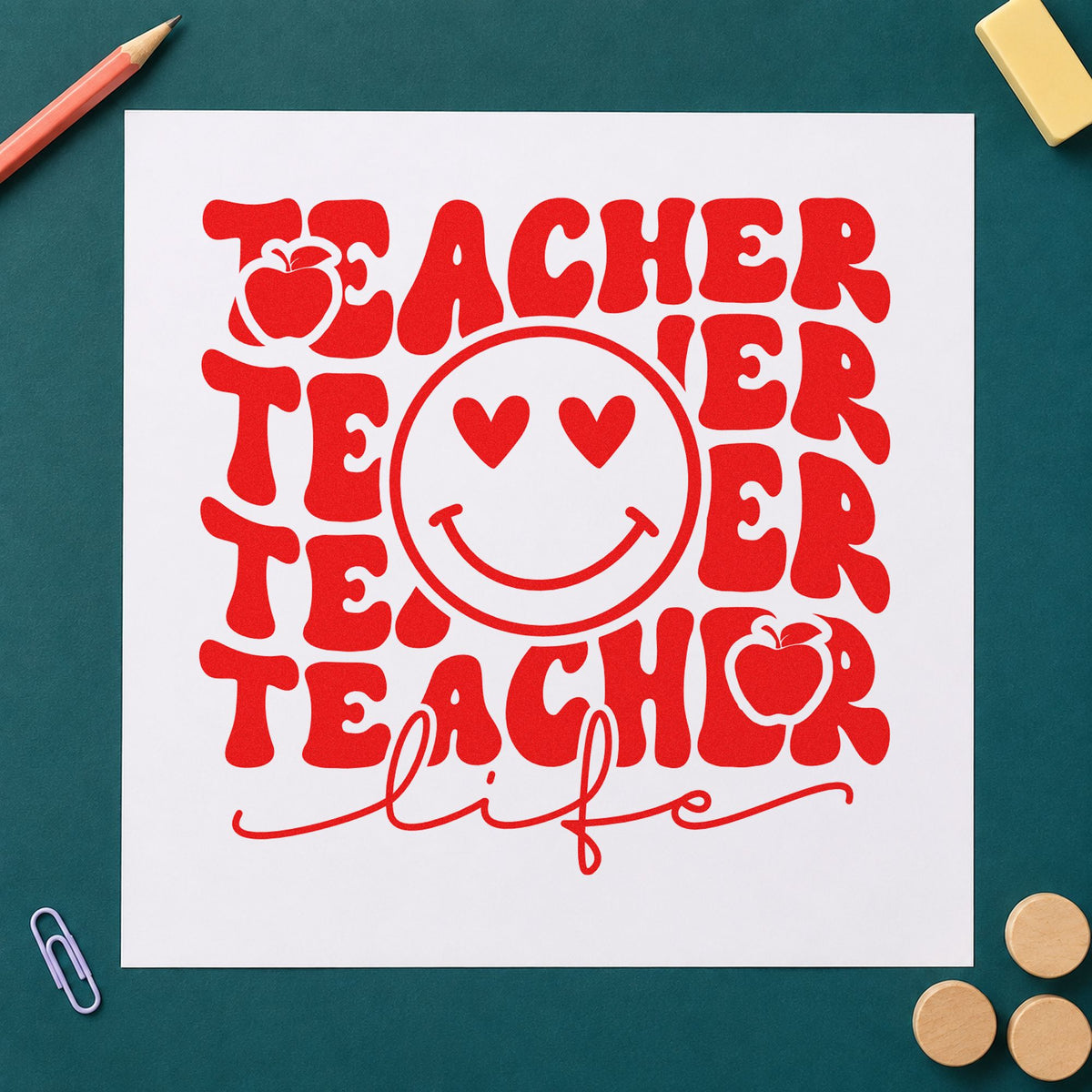 Teacher Life Smiley Repeat rubber stamp shown in red ink, stamped for projects such as wellbeing day notes.