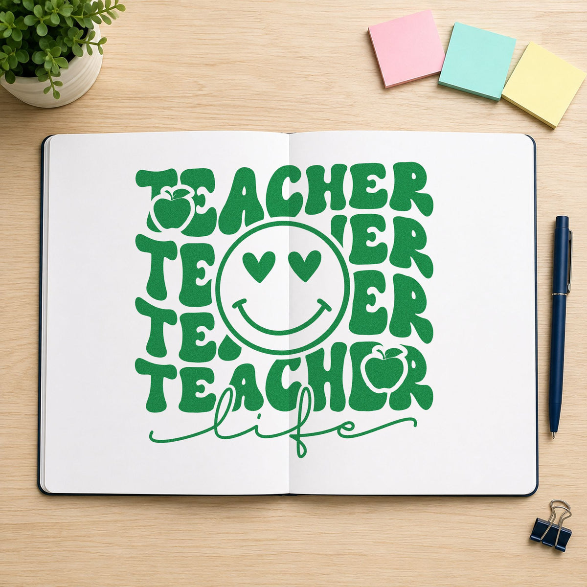 Teacher Life Smiley Repeat craft stamp imprint in green ink on a handmade project, one idea being framed circle wall.