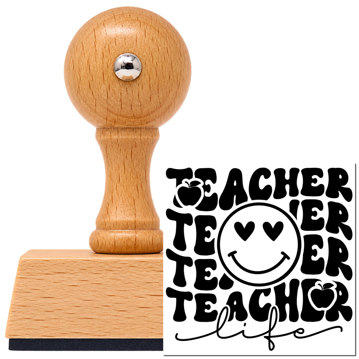 Vintage Pro beech wood stamp with a round knob handle, shown with its black Teacher Life Smiley Repeat imprint on white.