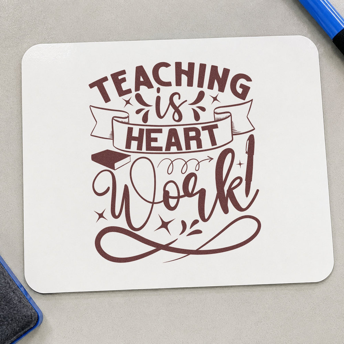 Teaching Is Heart Work rubber stamp printed in brown ink, ready for trustee file labels and similar paper crafts.