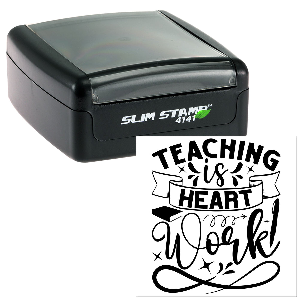 Black Slim Stamp 4141 self-inking stamp with Teaching Is Heart Work seal design in black on white background