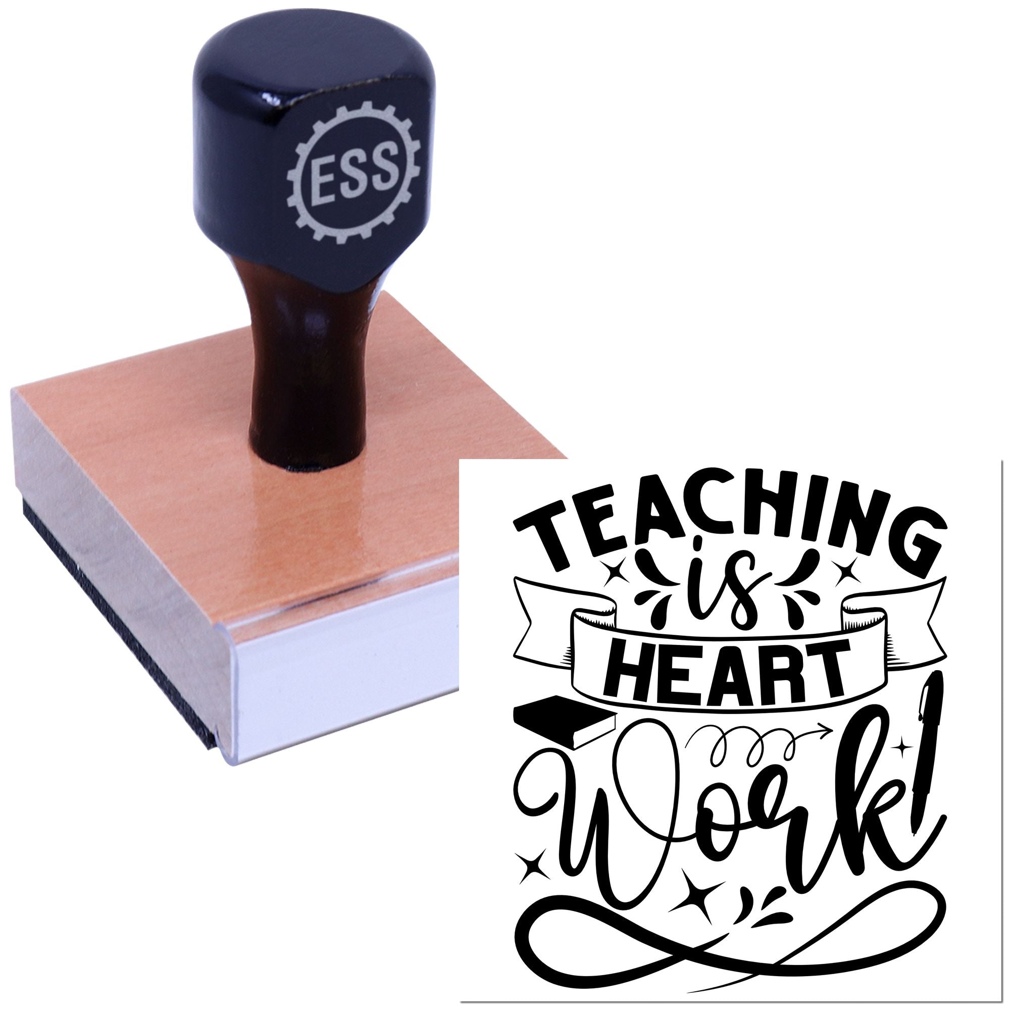 Black ESS stamp and seal on a wooden block beside a white teaching-themed rubber stamp design in bold black.