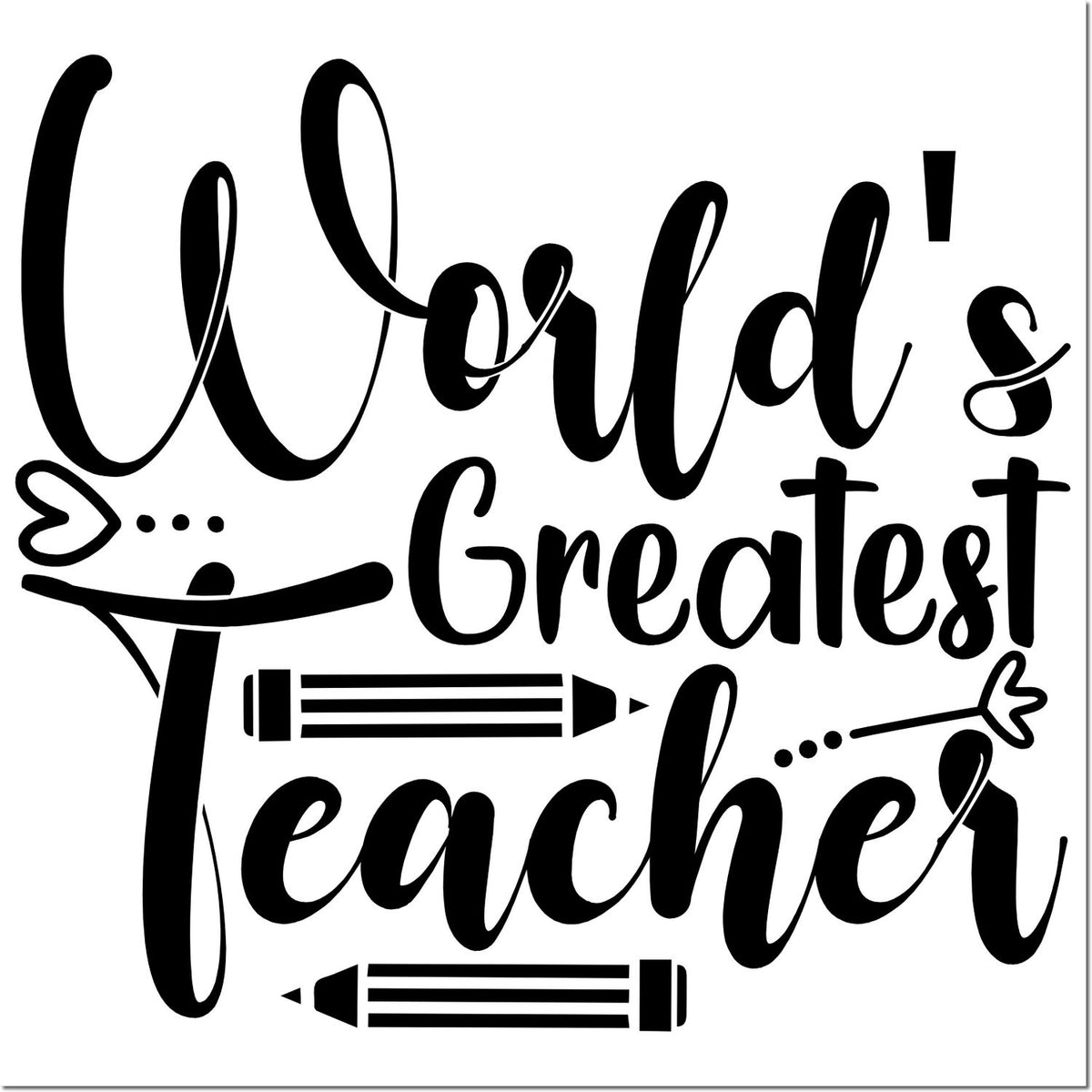 Black Worlds Greatest Teacher stamp/seal design with pencil icons on a white background.