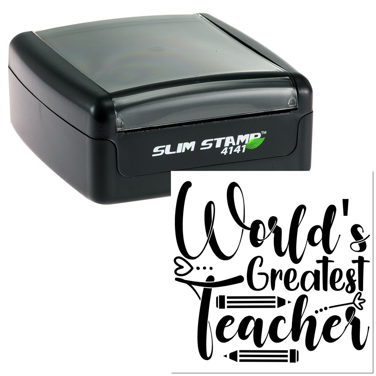 Black self-inking slim stamp and seal set with Worlds Greatest Teacher text and pencil graphics