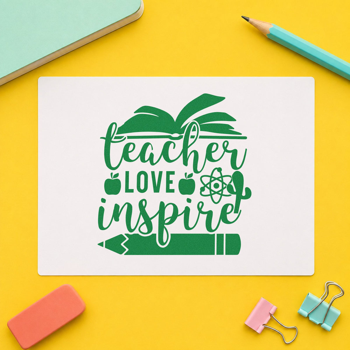 Teacher Love Inspire Learning Icons craft stamp imprint in green ink on a handmade project, one idea being method write pages.