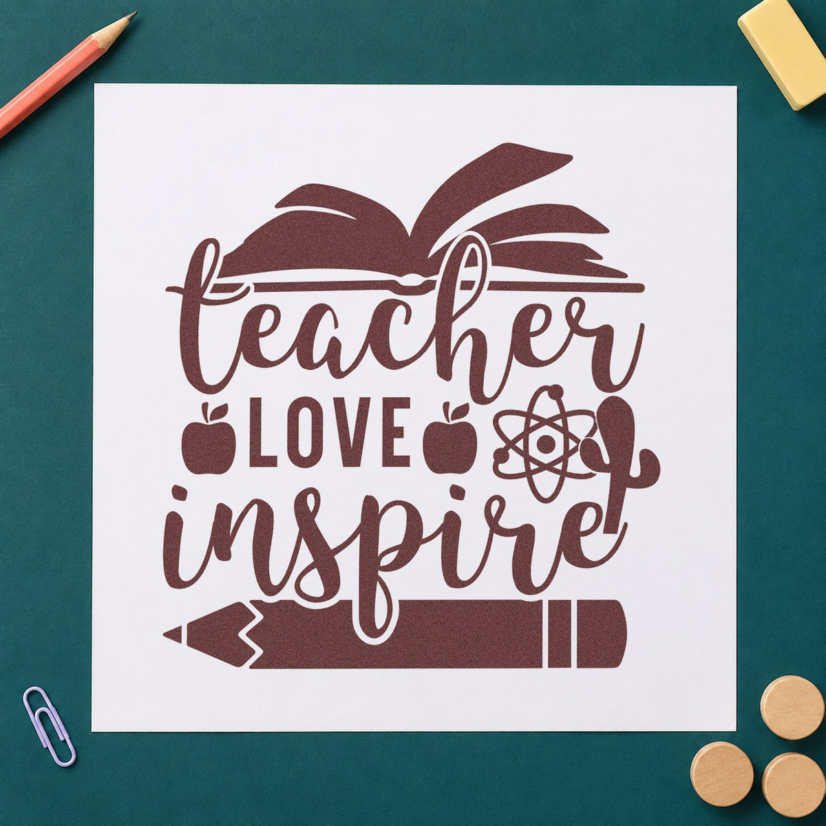 Teacher Love Inspire Learning Icons rubber stamp printed in brown ink, ready for sample tray labels and similar paper crafts.