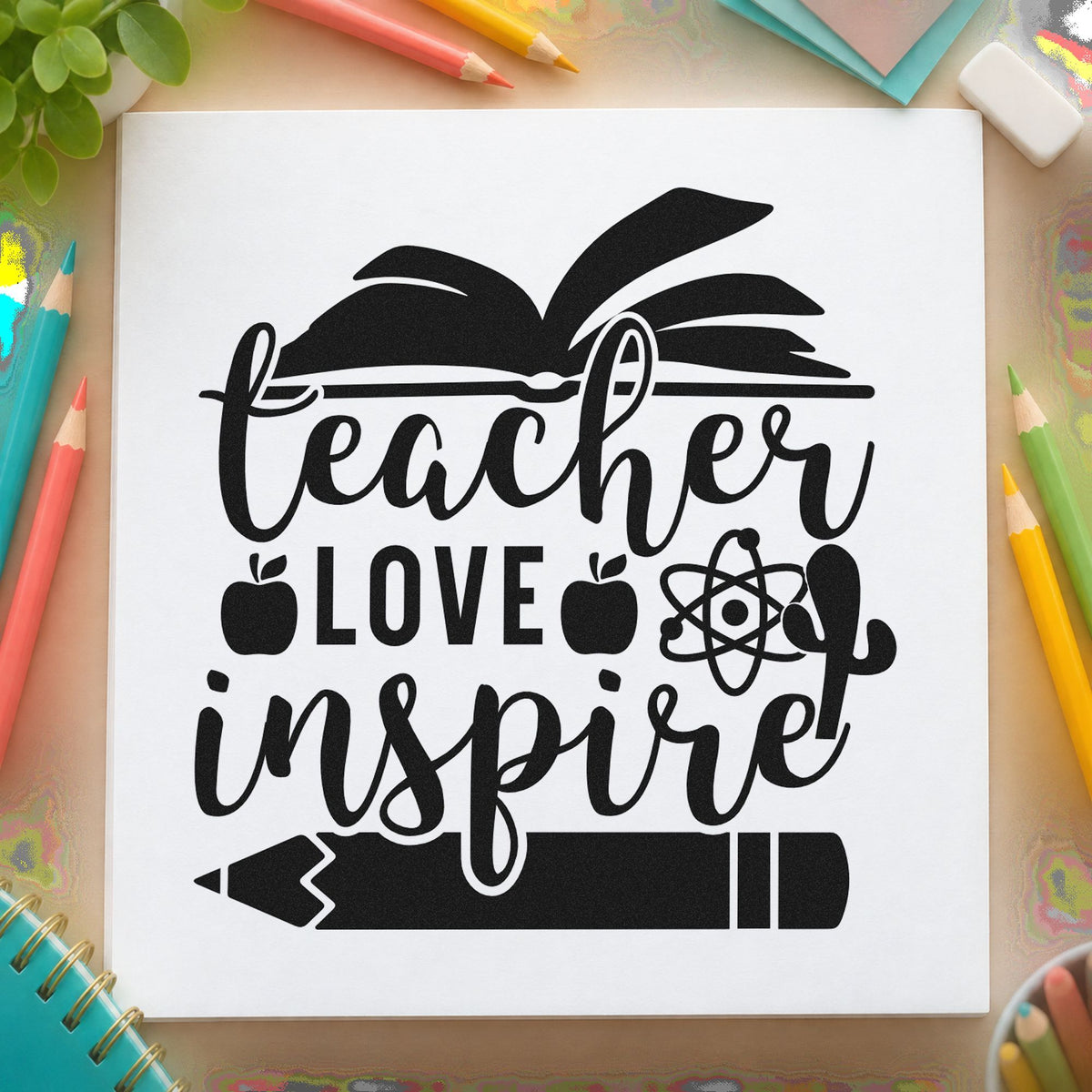 Teacher Love Inspire Learning Icons rubber stamp printed in black ink, ready for atom book cards and similar paper crafts.