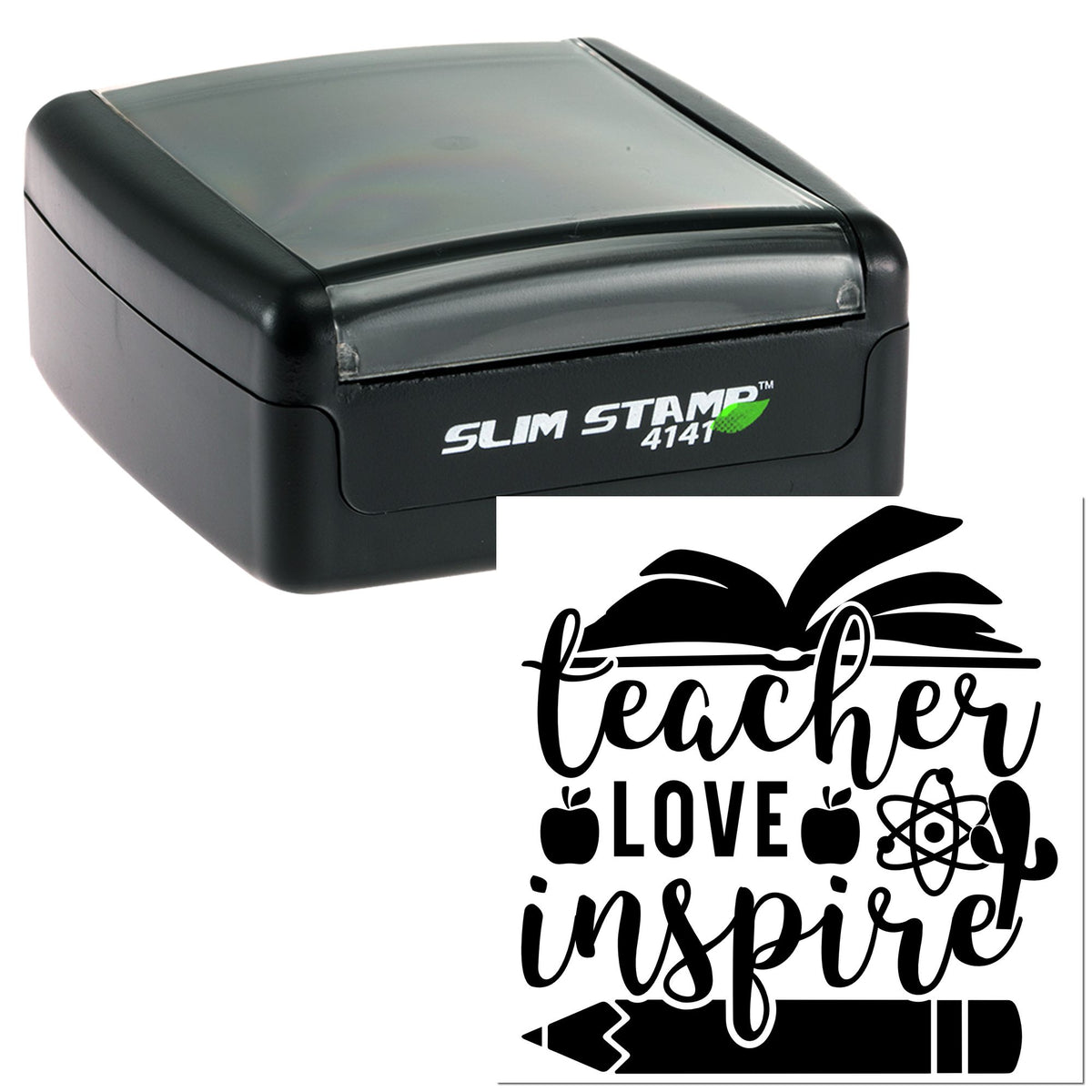 Black self-inking Slim Stamp 4141 with gray translucent lid and teacher love inspire seal design.