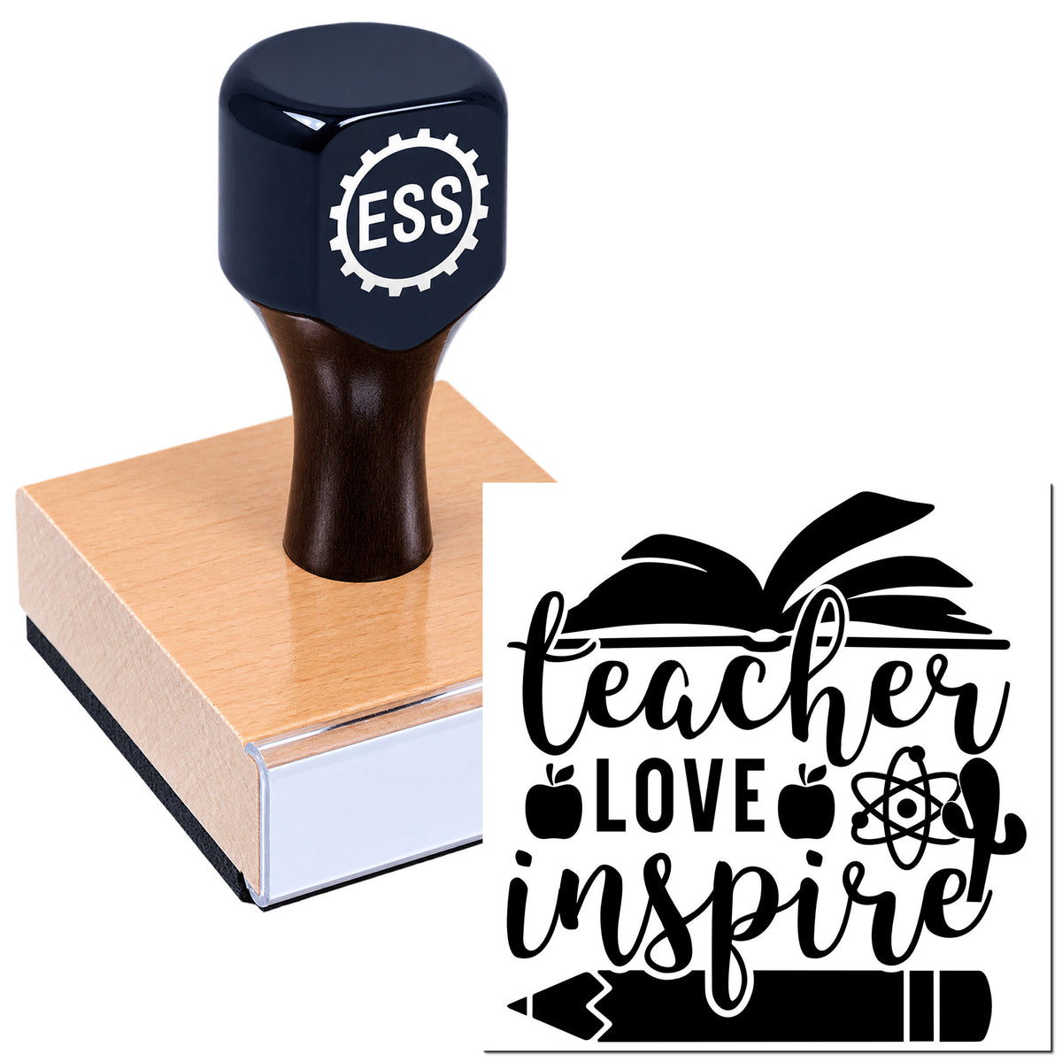 Dark navy self-inking stamp with ESS logo beside black teacher-love-inspire seal design on a white background.