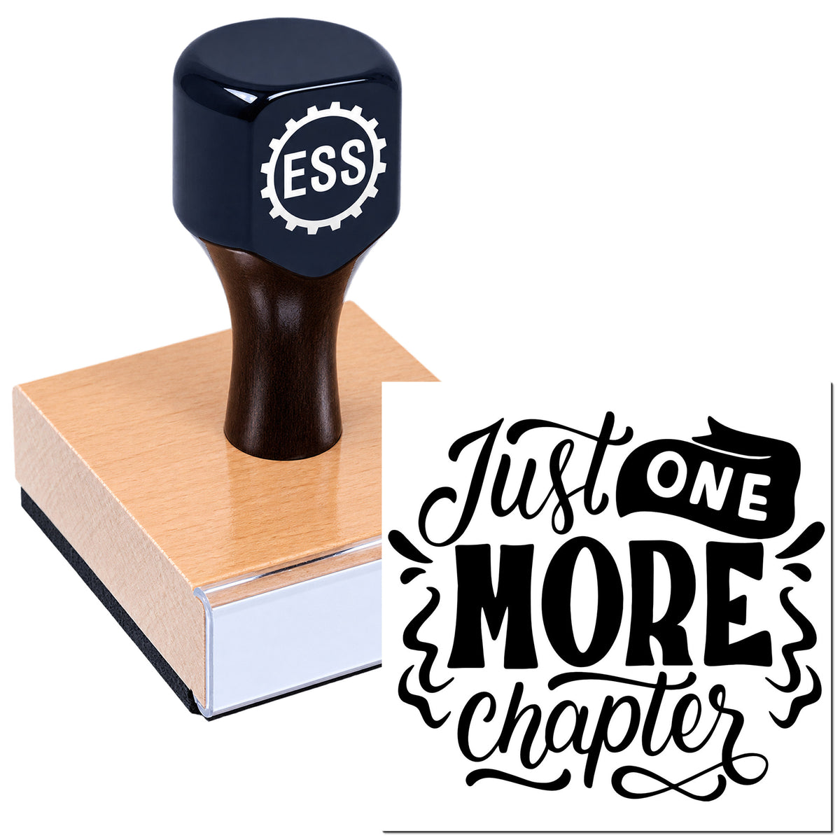 Navy ESS rubber stamp and seal on a copper block, with black "Just One More Chapter" lettering and wood handle.