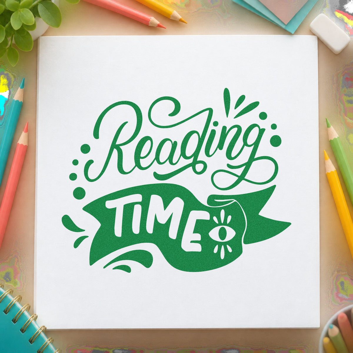 Reading Time Banner craft stamp imprint in green ink on a handmade project, one idea being session log pages.