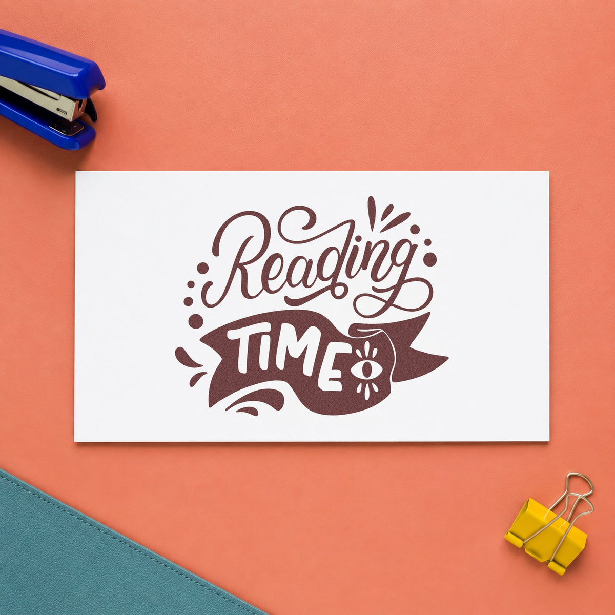 Reading Time Banner rubber stamp printed in brown ink, ready for clock face labels and similar paper crafts.