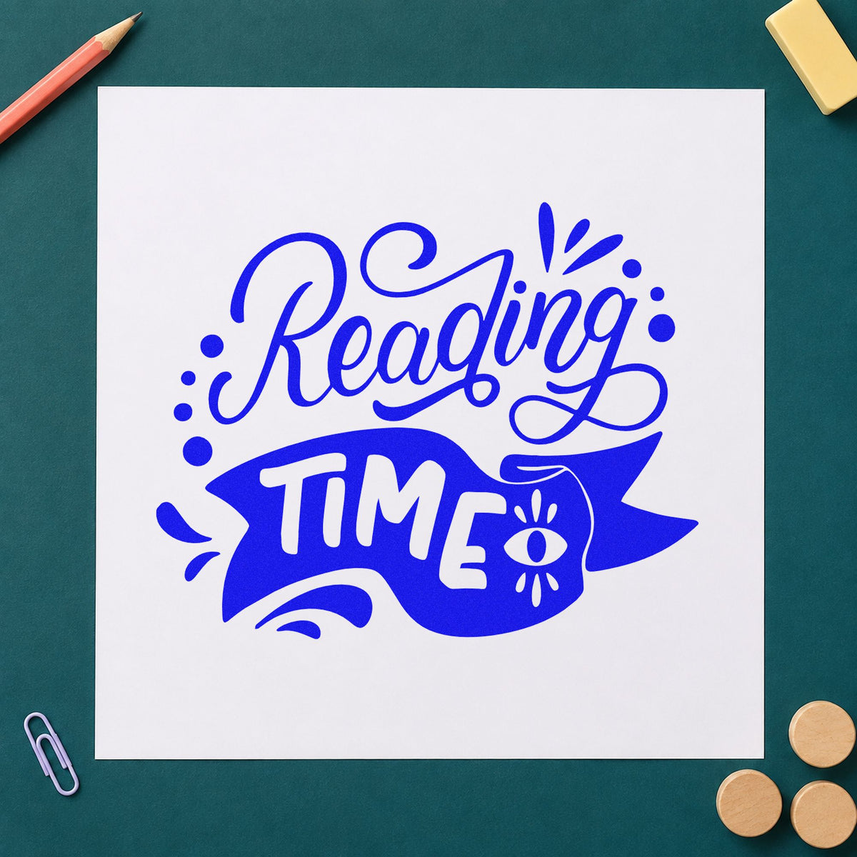 Reading Time Banner craft stamp imprinted in blue ink on paper, a design suited to story pack seals.