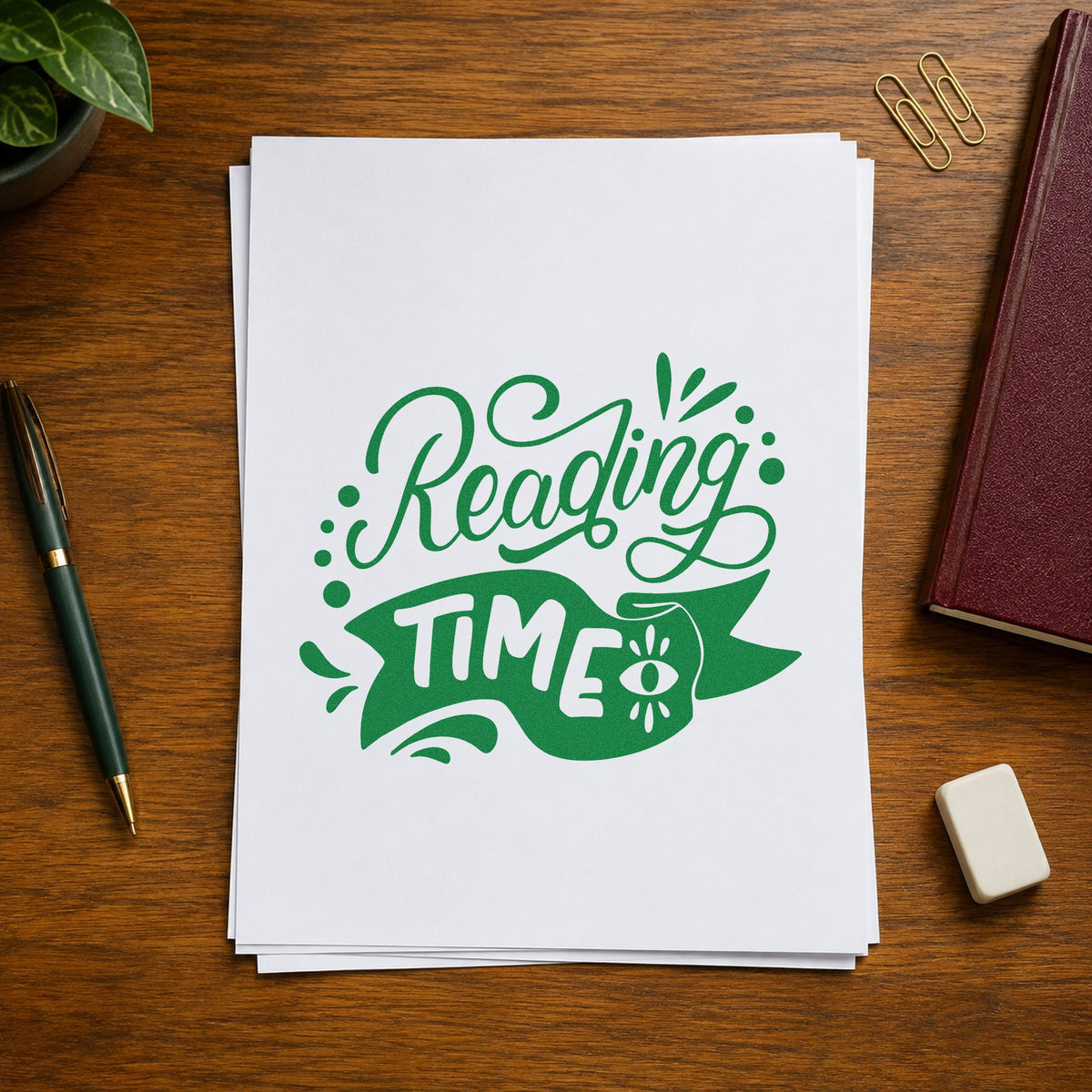 Reading Time Banner craft stamp imprint in green ink on a handmade project, one idea being framed reading clock.