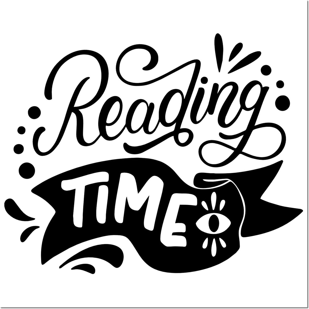 Black Reading Time stamp and seal design with cursive lettering, bold block text, and decorative dots on white background.