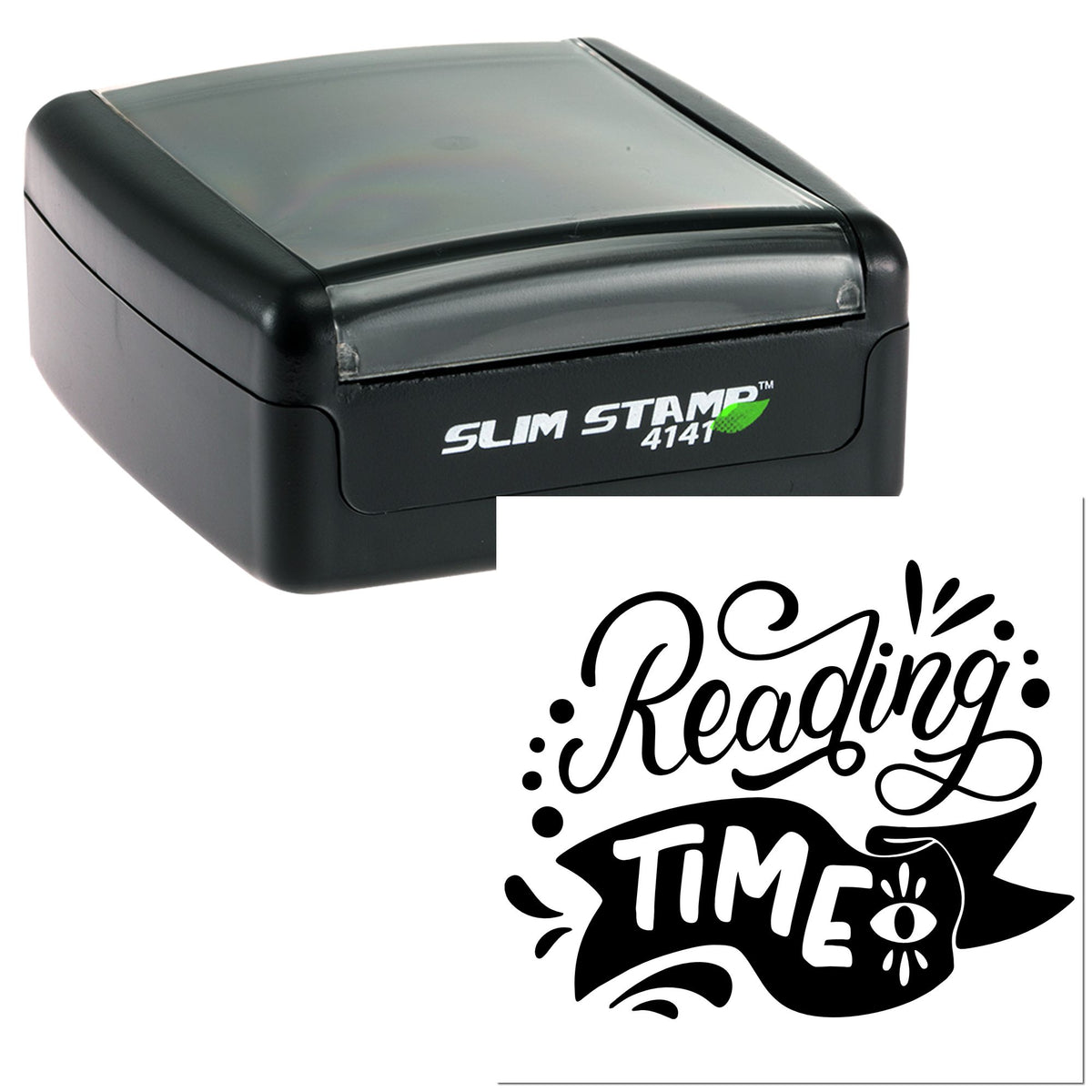Black Slim Stamp 4141 self-inking stamp and seal with bold Reading TIME impression in black.